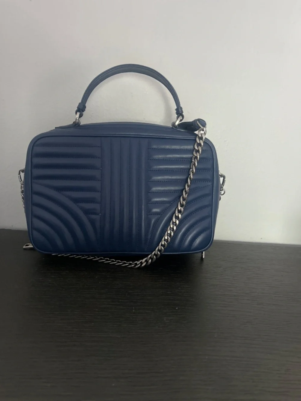 Prada Diagramme Medium Quilted Leather Top Handle Shoulder Crossbody Bag Navy